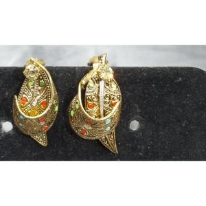 Gold Filigree Earings World War 2 Germany Pink Rhinestone with Enamel Highlights
